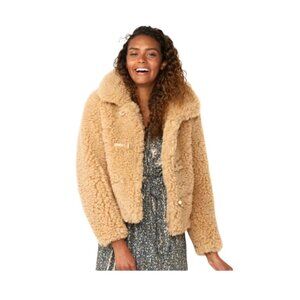 LC Lauren Conrad Womens Tan Faux Shearling Fluffy Teddy Bear Jacket Sz M New